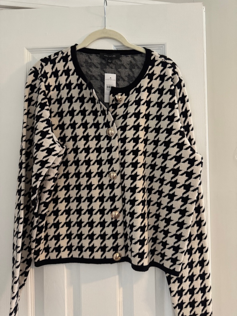Ann Taylor Black and White Houndstooth Cardigan with Gold-Tone Button